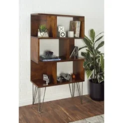 61" Metal and Wood 3 Shelf Books Shelf Brown - Olivia & May
