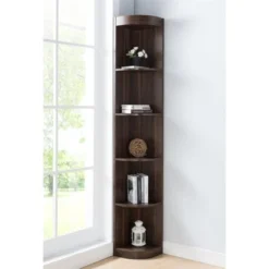 Maleena 5-Shelf Corner Wood Bookcase in Dark Walnut - Furniture of America