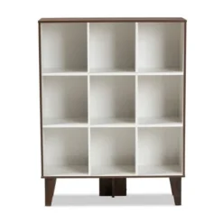 43.99" 9 Shelf Senja Two-Tone Finished Wood Bookshelf White/Walnut - Baxton Studio