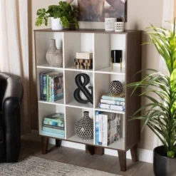 43.99" 9 Shelf Senja Two-Tone Finished Wood Bookshelf White/Walnut - Baxton Studio -My Book Perch Sales Store unnamed file 1560