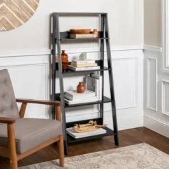 Thatcher Transitional Wood 4 Shelf Ladder Bookshelf - Saracina Home Gray