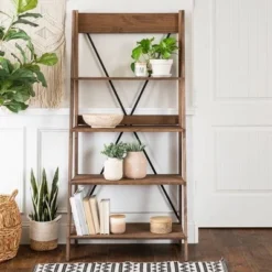 68.25" Boho 4 Tier Solid Wood Ladder Bookshelf Plant Stand - Saracina Home Gray