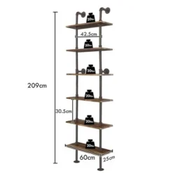 Costway 6-Shelf Rustic Pipe Shelving Unit, Vintage Industrial Pipe Wall Shelf Brown