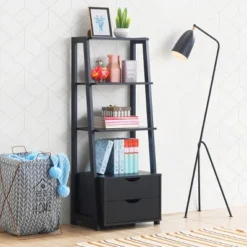 Costway 4-Tier Ladder Shelf Bookshelf Bookcase Storage Display Leaning With 2 Drawers
