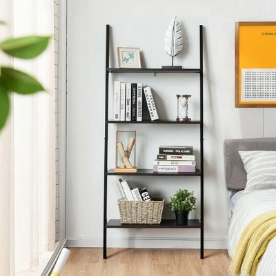 Costway Industrial Ladder Shelf 4-Tier Leaning Wall Bookcase Plant Stand Rustic Black/Brown 4 Costway Industrial Ladder Shelf 4-Tier Leaning Wall Bookcase Plant Stand Rustic Black/Brown - Image 2