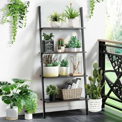 Costway Industrial Ladder Shelf 4-Tier Leaning Wall Bookcase Plant Stand Rustic Black/Brown 5 Costway Industrial Ladder Shelf 4-Tier Leaning Wall Bookcase Plant Stand Rustic Black/Brown - Image 3