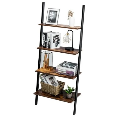 Costway Industrial Ladder Shelf 4-Tier Leaning Wall Bookcase Plant Stand Rustic Black/Brown 13 Costway Industrial Ladder Shelf 4-Tier Leaning Wall Bookcase Plant Stand Rustic Black/Brown - Image 11