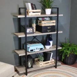 Sunnydaze Decor Sunnydaze 4 Shelf Industrial Style Freestanding Etagere Bookshelf with Wood Veneer Shelves - Oak Gray Veneer -My Book Perch Sales Store unnamed file 2385
