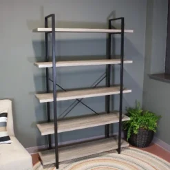 Sunnydaze Decor Sunnydaze 5 Shelf Industrial Style Freestanding Etagere Bookshelf with Wood Veneer Shelves - Oak Gray Veneer