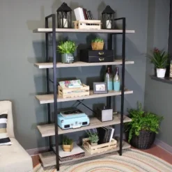 Sunnydaze Decor Sunnydaze 5 Shelf Industrial Style Freestanding Etagere Bookshelf with Wood Veneer Shelves - Oak Gray Veneer -My Book Perch Sales Store unnamed file 2397