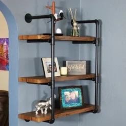 Sunnydaze Decor Sunnydaze 3 Shelf Industrial Style Pipe Frame Wall-Mounted Floating Shelf with Wood Veneer Shelves - Teak Veneer