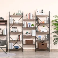 HOMCOM 5-Tier Industrial Look Bookshelf with Open Storage Display Rack Metal Frame for Home Office Walnut