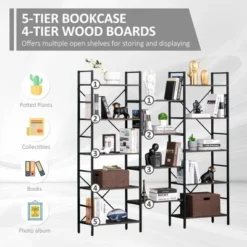 HOMCOM 5-Tier Industrial Look Bookshelf with Open Storage Display Rack Metal Frame for Home Office Walnut -My Book Perch Sales Store unnamed file 2801