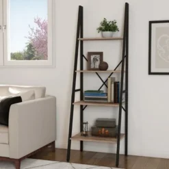 Hastings Home 4-Tier Ladder-Style Bookcase, Gray