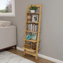 Hastings Home 5-Tier Bookshelf - 50" Tall, Pickled Oak Wood Finish