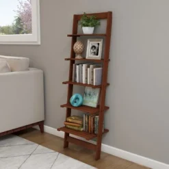 Hastings Home 5-Tier Wooden Ladder-Style Bookcase - Walnut Finish