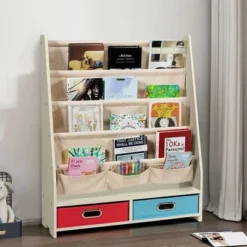 Costway Kids Book Rack Toys Organizer with 4 Sling Bookshelf & 2 Boxes EspressoBeige -My Book Perch Sales Store unnamed file 2974