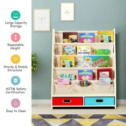 Costway Kids Book Rack Toys Organizer with 4 Sling Bookshelf & 2 Boxes EspressoBeige -My Book Perch Sales Store unnamed file 2975