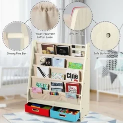 Costway Kids Book Rack Toys Organizer with 4 Sling Bookshelf & 2 Boxes EspressoBeige -My Book Perch Sales Store unnamed file 2977