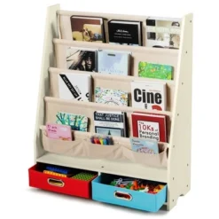 Costway Kids Book Rack Toys Organizer with 4 Sling Bookshelf & 2 Boxes EspressoBeige -My Book Perch Sales Store unnamed file 2981