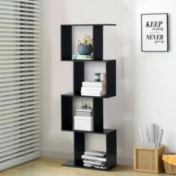 Costway 4-tier S-Shaped Bookcase Free Standing Storage Rack Wooden Display Decor Black -My Book Perch Sales Store unnamed file 3045
