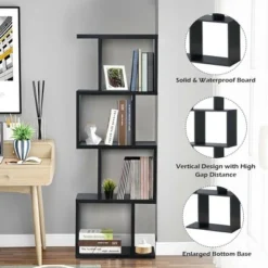 Costway 4-tier S-Shaped Bookcase Free Standing Storage Rack Wooden Display Decor Black -My Book Perch Sales Store unnamed file 3051