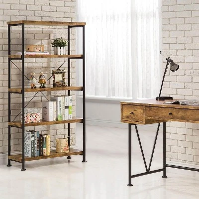 Coaster Furniture Barritt Collection 5 Shelf Durable Heavy Duty Steel Metal 63 inch Bookcase Shelf, Antique Nutmeg Finish with Black Metal Frame 3 Coaster Furniture Barritt Collection 5 Shelf Durable Heavy Duty Steel Metal 63 inch Bookcase Shelf, Antique Nutmeg Finish with Black Metal Frame