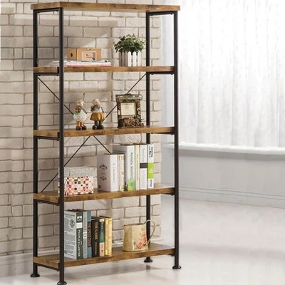 Coaster Furniture Barritt Collection 5 Shelf Durable Heavy Duty Steel Metal 63 inch Bookcase Shelf, Antique Nutmeg Finish with Black Metal Frame 5 Coaster Furniture Barritt Collection 5 Shelf Durable Heavy Duty Steel Metal 63 inch Bookcase Shelf, Antique Nutmeg Finish with Black Metal Frame - Image 3