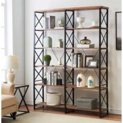80.7" Bristol 6 Shelf Industrial Vintage Metal and Wood Bookcases Vintage Brown - Kinwell