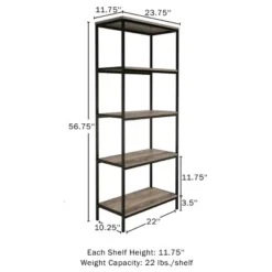 Lavish Home 5-Tier Open Industrial Style Wooden Bookshelf, Gray Woodgrain