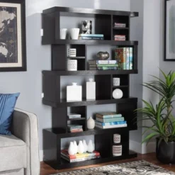 57.01" Dora Wood 5 Tier Geometric Bookshelf Dark Brown - Baxton Studio -My Book Perch Sales Store unnamed file 4619