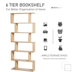 HOMCOM 75.5"H Bookcase 6 Shelf S-Shaped Bookshelf Wooden Storage Display Stand Shelf Organizer Free Standing Oak -My Book Perch Sales Store unnamed file 5024
