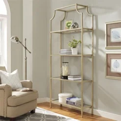 Metal Glass Bookcase in Antique Gold - Pemberly Row