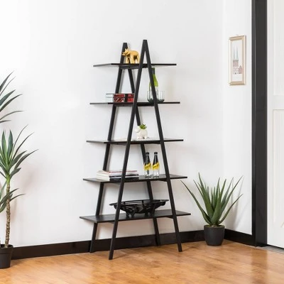 Modern Industry Metal/Wooden 5 Tier 'A' Frame Bookcase and Shelves - Glitzhome Black 4 Modern Industry Metal/Wooden 5 Tier 'A' Frame Bookcase and Shelves - Glitzhome Black - Image 2