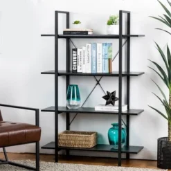 Modern Industry Metal/Wooden 4 Tier Bookcase with Shelves - Glitzhome Black