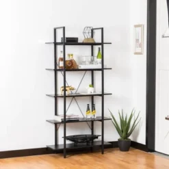 Modern Industry Metal/Wooden 5 Tier Bookcase and Shelves - Glitzhome Black